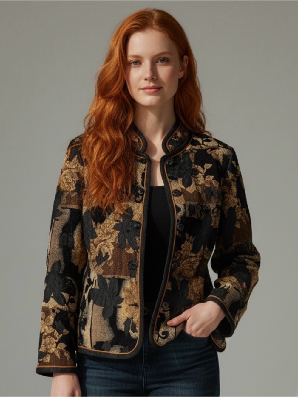 🫶🏻 Coldwater Creek Black and Gold Floral Jacquard Jacket